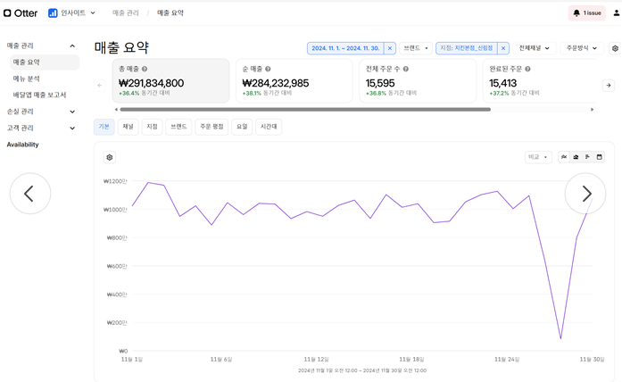 치킨 브랜드 2024년 11월 실제 매출 요약 화면