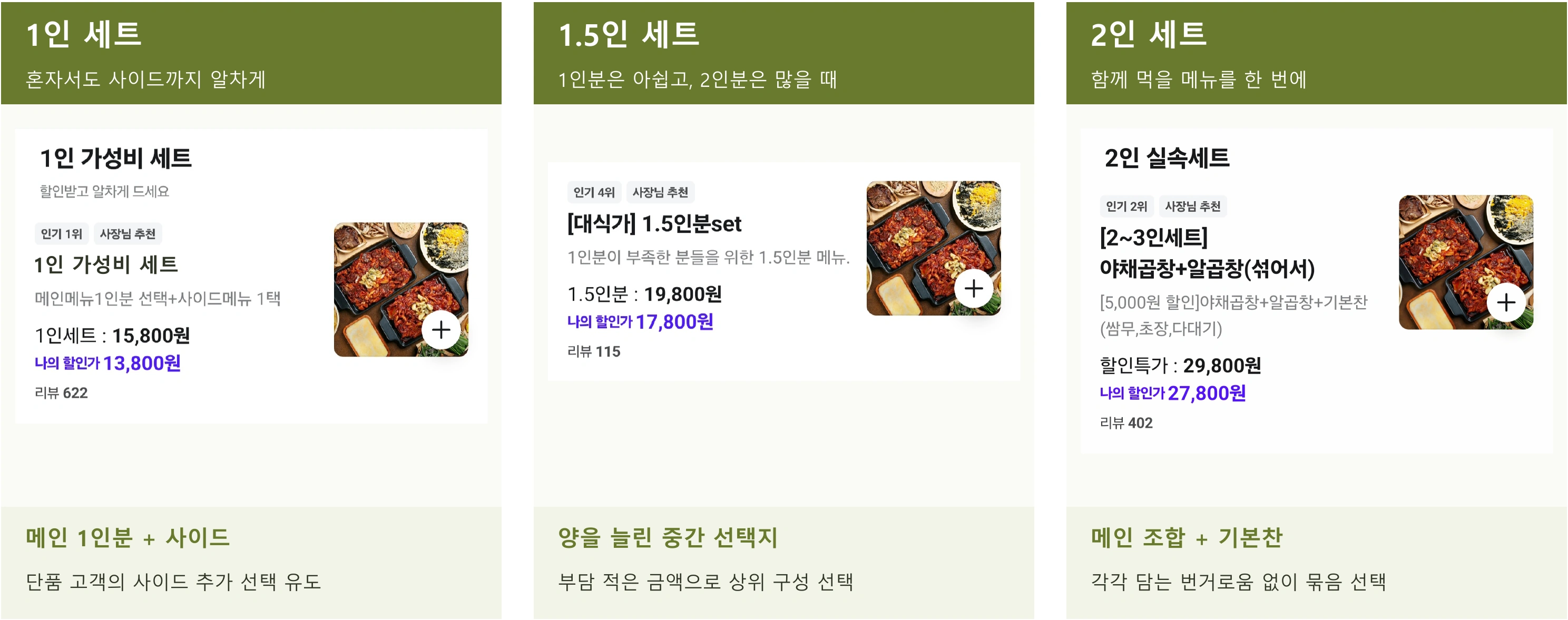 세트메뉴 3가지 구성 발췌. 원본 확대 보기로 전체 페이지를 확인할 수 있습니다.